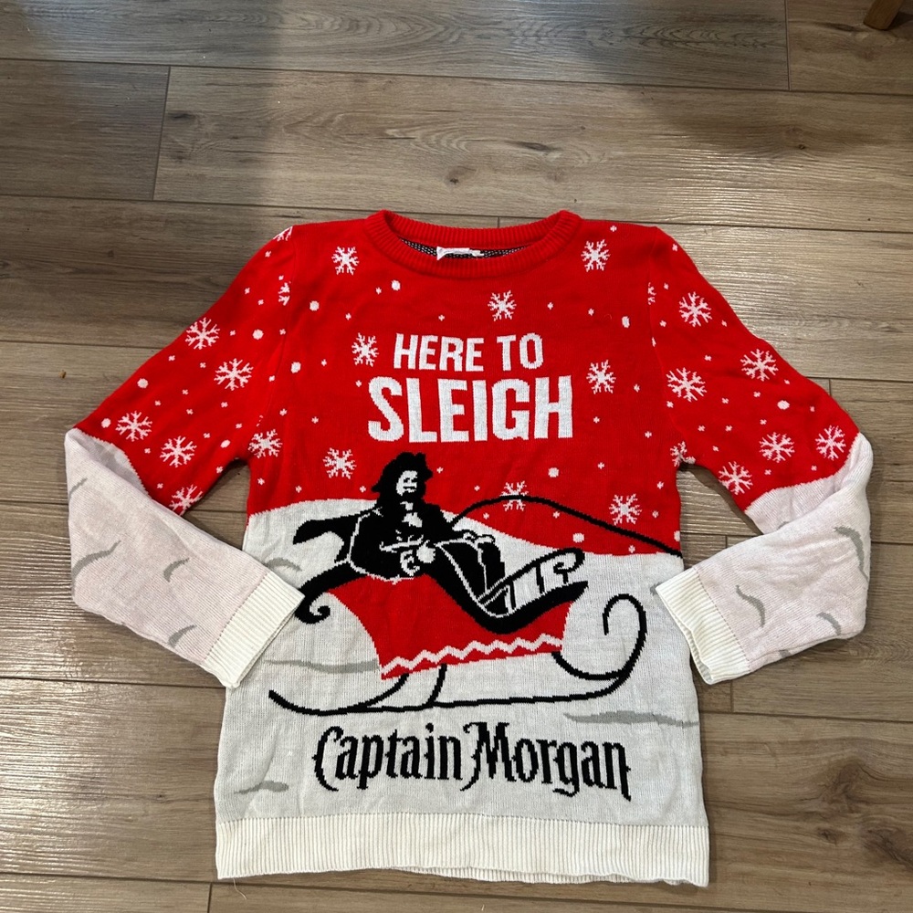Captain Morgan Sleigh Red and White Crewneck Holiday Sweater Christmas Ugly‎